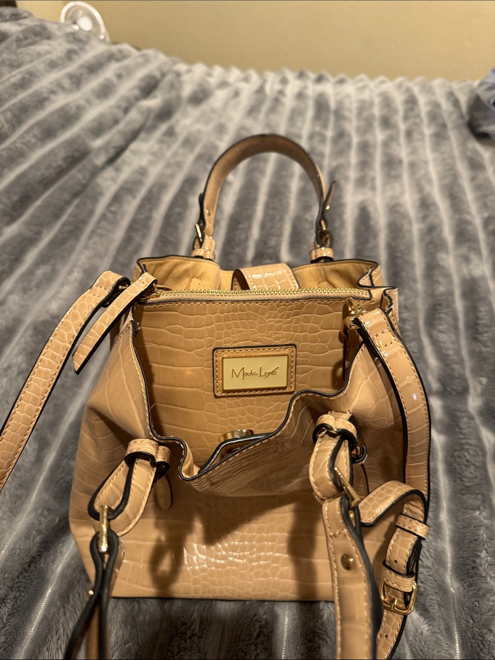 Modern Lux Croc-Embossed Satchel in Tan Patent
